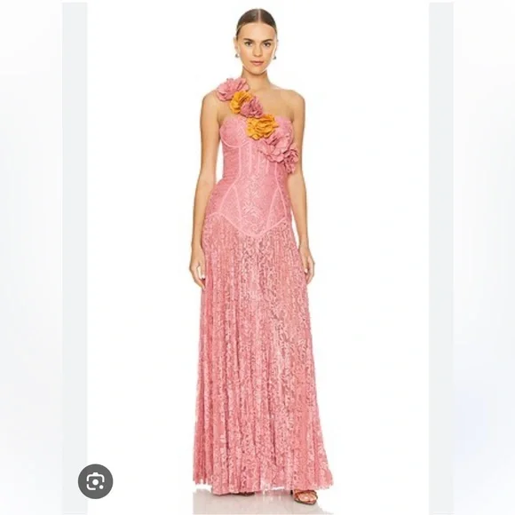 PatBO Hand -Embroidered Lace bustier pink Gown|Rose-One-Shoulder Floral Appliqué - Picture 7 of 8